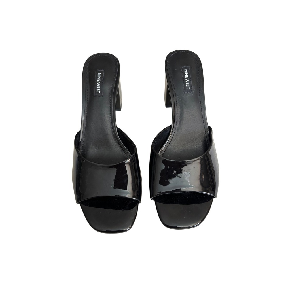 Nine West Black Patent Leather Block Heel Slide Sandals Mules Square Toe Size 10